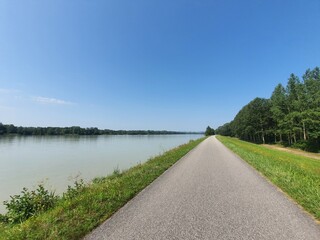 Beautiful bike path at famous Danube River: Donauradweg next to the river on a sunny day with clear blue sky and copy space for text, austria