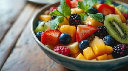Fresh and Colorful Fruit Salad on a Rustic Wooden Table