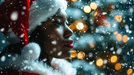 Joyful Woman Admiring the Festive Christmas Tree