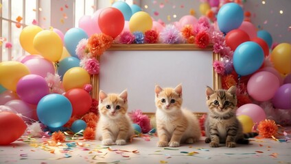  Kittens with a blank sign in a white frame 