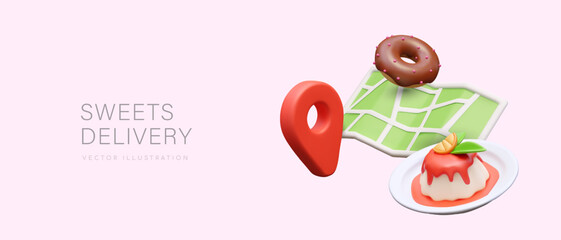 Concept of quick delivery of sweets from local cafe, pastry shop, store. Vector green city map, geo pin, chocolate donut, panna cotta. Decorated desserts for everyday and festive menus