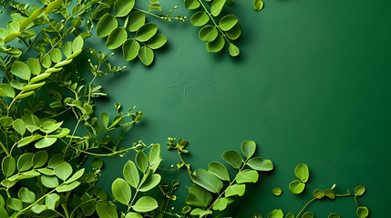Fresh moringa leaves on green background. Top view with copy space.