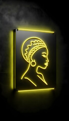 Neon yellow sign of african woman portrait.