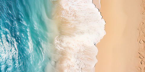 Obraz premium abstract sand beach with sunlight in a beautiful turquoise water wave, background concept for idyllic resort at the sea with space for text or products 