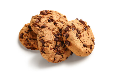Tasty cookies with chocolate chips on white background