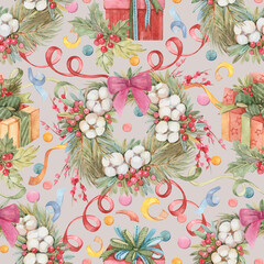 New Year Christmas seamless pattern with Christmas wreath, confetti, gifts, mistletoe drawn in watercolor on gray background. Festive print for wrapping paper, textiles, wallpaper, stationery.