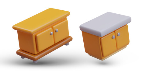 Collection with cabinet and commode with two doors in cartoon style. Home furniture set concept. Vector illustration in 3d style with white background