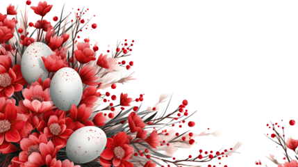 A Beautiful Bouquet of red Flowers and Fresh Easter Eggs isolated on transparent background. 