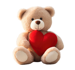 Teddy bear holding a red heart isolated on transparent background. PNG file, cut out