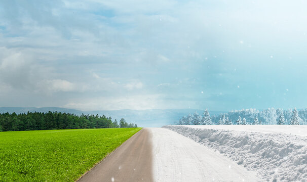 Jahreszeitenwechsel von Winter zu Fr&uuml;hling und sommer