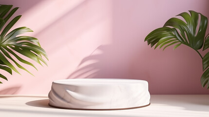 white marble podium on the pink background