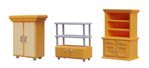 Collection of bookshelves with big doors, shelf, and wardrobe. Different furniture for storage concept. Vector illustration in 3d style with shadow on white background