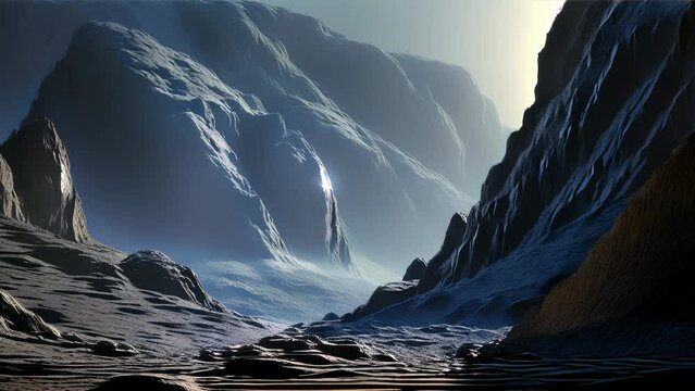 A desolate ravine landscape with a distant planet in view.
