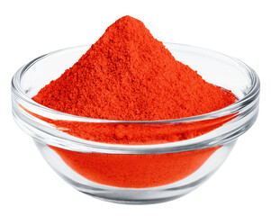 Chili pepper seasoning isolated on white or transparent background. Dry ground chilli powder in glass bowl
