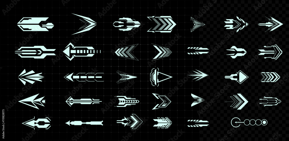 Aufkleber Set of futuristic arrows. Futuristic interface hud design elements. Futuristic Digital Arrow Set: Neon Light Directional Signs on a Dark Grid Background. Vector illustration