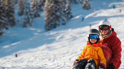 Fototapeta na wymiar Mother and child in ski gear enjoying winter holiday at snow resort. 