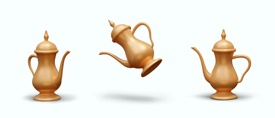 Realistic golden kettle in different positions with shadow. Composition with religious object for traditional rituals in Islam and Muslim. Vector illustration in 3d style
