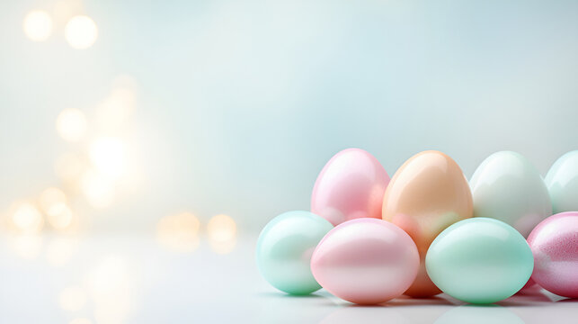 Easter eggs painted in pastel colors on a light blue background with bokeh. Easter background with copy space.