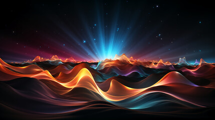 abstract colorful glowing wavy perspective with fractals and curves background 16:9 widescreen wallpapers - obrazy, fototapety, plakaty