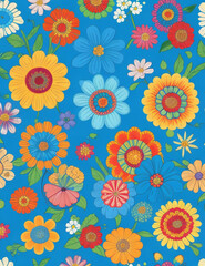 Seamless colourful Flower Leaf Pattern Floral Wallpaper in blue Background Vector Design. Decorative Fabric Illustration. Spring Textile Retro Vintage Decoration Art.Nature Abstract Texture Graphic