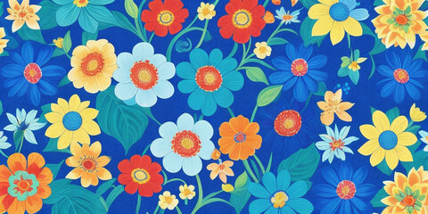 Seamless colourful Flower Leaf Pattern Floral Wallpaper in blue Background Vector Design. Decorative Fabric Illustration. Spring Textile Retro Vintage Decoration Art.Nature Abstract Texture Graphic