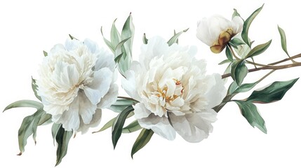 watercolor illustration of white peony, isolated on clean white background
