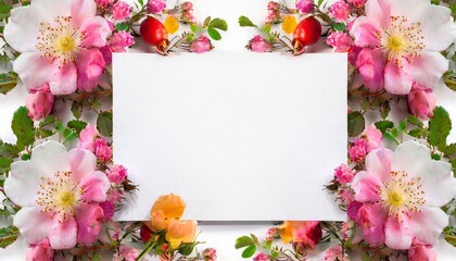 Background with white card, wild rose flowers and space for text