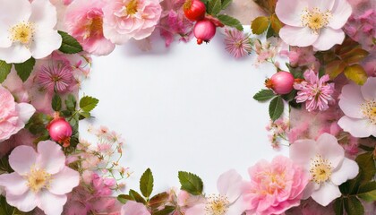Fototapeta na wymiar Tło z białą kartką, kwiatami dzikiej róży i miejscem na tekst