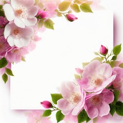 Fototapeta na wymiar Background with white card, wild rose flowers and space for text