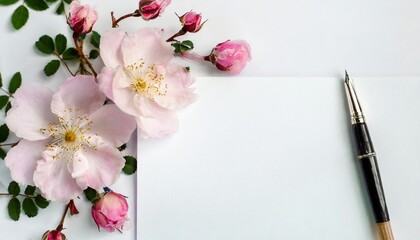 Tło z białą kartką, kwiatami dzikiej róży i miejscem na tekst - obrazy, fototapety, plakaty