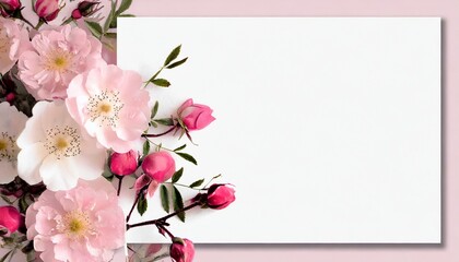 Tło z białą kartką, kwiatami dzikiej róży i miejscem na tekst - obrazy, fototapety, plakaty