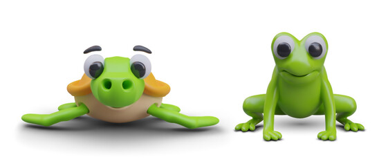 Fototapeta premium Concept of amphibians. Vector green baby frog and turtle. 3D aquatic animals, front view. Set of positive characters on white background. Game creatures