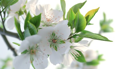 Flowering branch of cherry on a white background, close-up