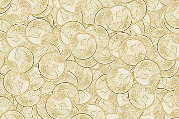 Coins pattern. Fifty euro cents texture. Pile of coins. Golden color coins stacked. Currency of...