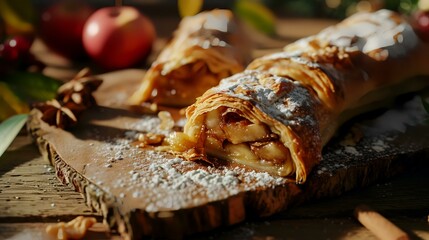 Apple strudel with caramelized apples on a wooden board.