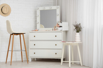 Interior of makeup room with mirror and drawers - obrazy, fototapety, plakaty