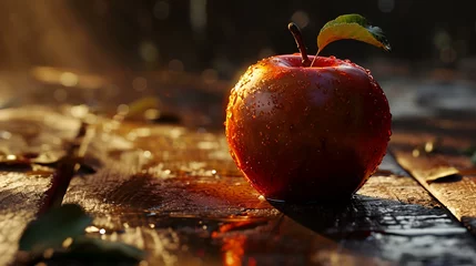 Fotobehang Ripe red apple with water drops on wooden table, closeup © Sumera