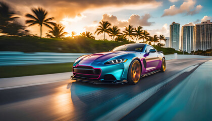 A sports car drives quickly along the ocean beach, speed, Miami, palm trees and road, - obrazy, fototapety, plakaty
