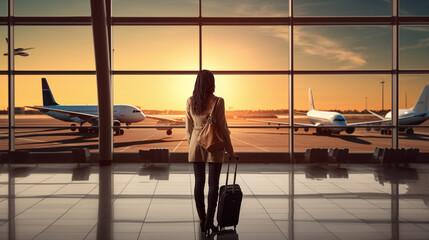 Travel Concept : woman Holding Suitcase in Airport Departure Lounge for Journey to a New Destination or Ready for an Adventure - obrazy, fototapety, plakaty