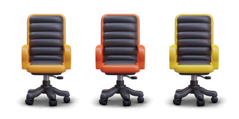 Set of modern armchairs with adjustable height. Office boss chair on wheels, with high soft back. Gamer comfortable furniture. Set of options in different colors