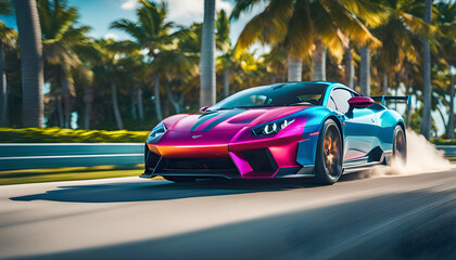 A sports car drives quickly along the ocean beach, speed, Miami, palm trees and road,