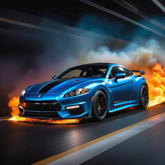 a sports car quickly drives through a tunnel through flames on a black background, speed, car traffic,