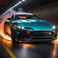 Obraz premium a sports car quickly drives through a tunnel through flames on a black background, speed, car traffic,