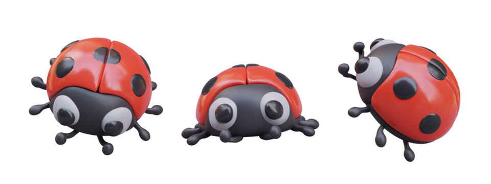 Realistic ladybug in children style. Front, bottom, side view. Beetle with red wings. Vector character for cute design. Set of templates for game, application, website