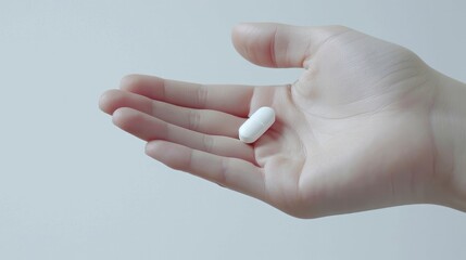 A single white capsule pill rests on the palm of a hand, displayed against a minimalist white background. Panorama with copy space. - obrazy, fototapety, plakaty