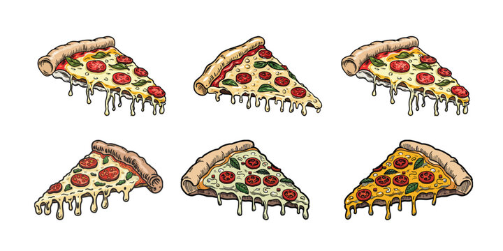 set of hand drawn vintage style pizza slice illustration, pizza illustration