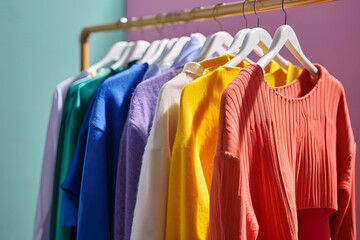 Hangers with colorful clothes hanging on rack near color wall, closeup