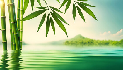 Green bamboo leaves against peaceful water surface, beautiful spa scene with Asian spirit and copy space,