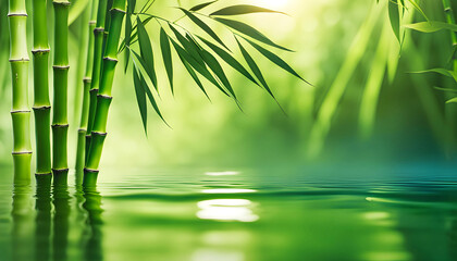 Green bamboo leaves against peaceful water surface, beautiful spa scene with Asian spirit and copy...