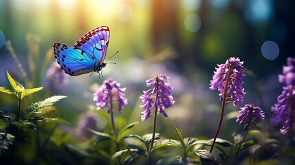 Lavender plant landscape background in the summer sun with lavender flowers and a blue color butterfly